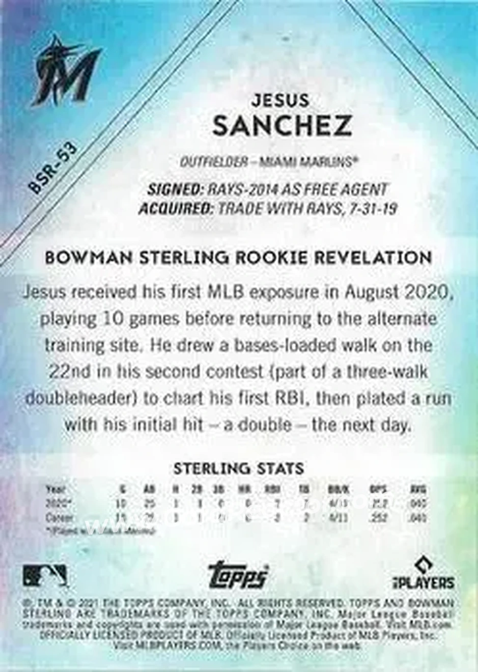 2021 Bowman Sterling #BSR-53 - Jesús Sánchez - Miami Marlins - Back