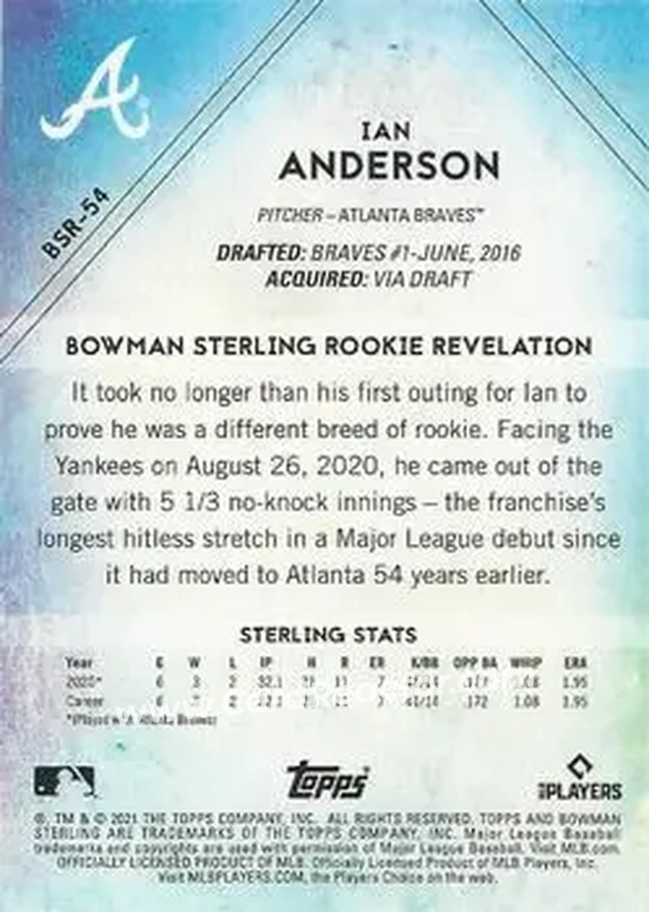 2021 Bowman Sterling #BSR-54 - Ian Anderson - Atlanta Braves - Back