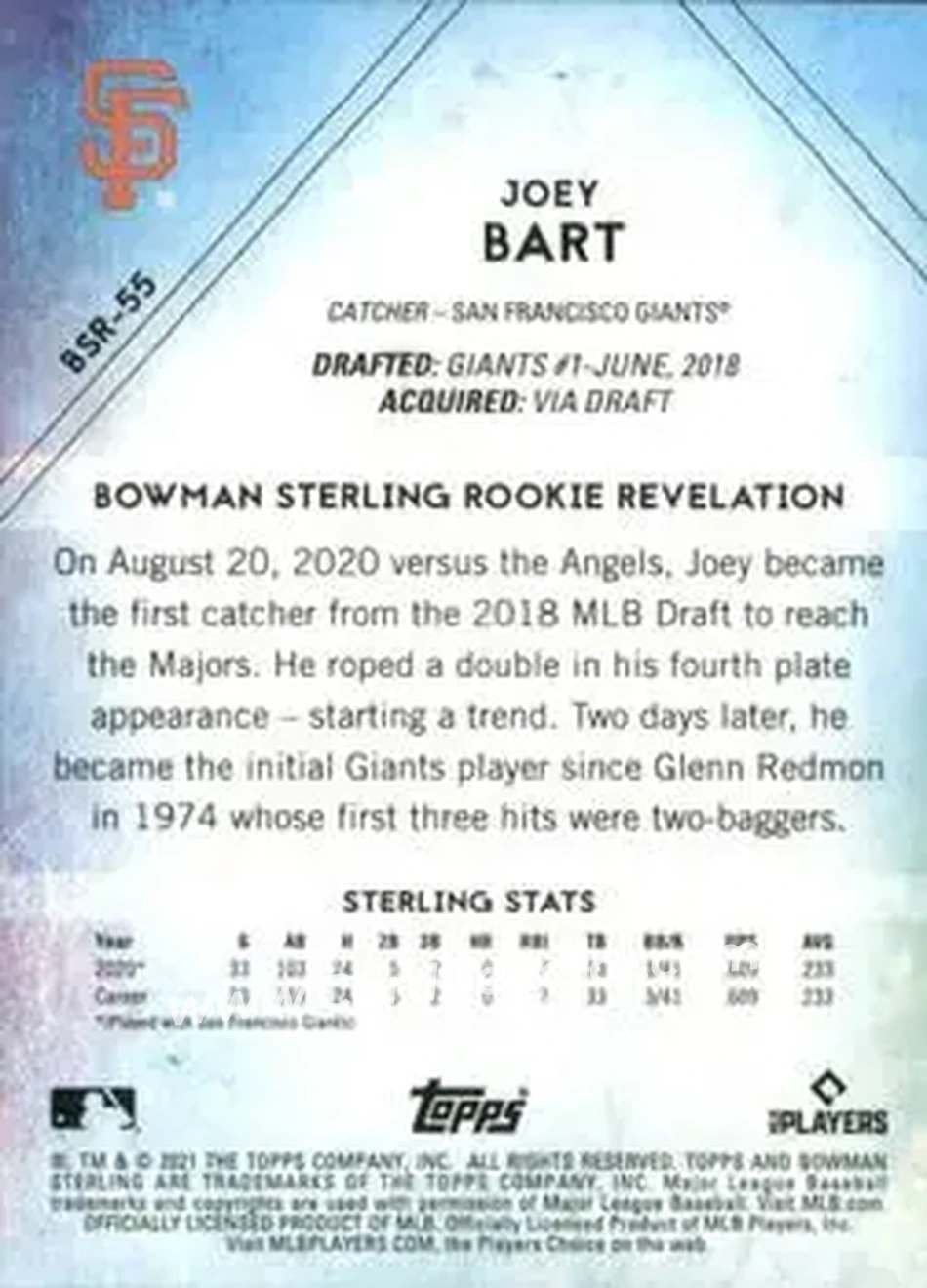 2021 Bowman Sterling #BSR-55 - Joey Bart - San Francisco Giants - Back