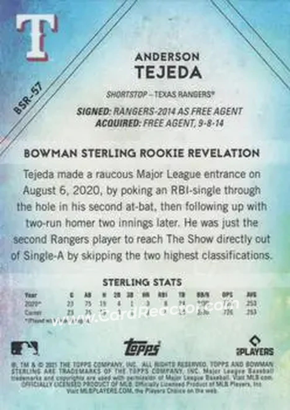 2021 Bowman Sterling #BSR-57 - Anderson Tejeda - Texas Rangers - Back