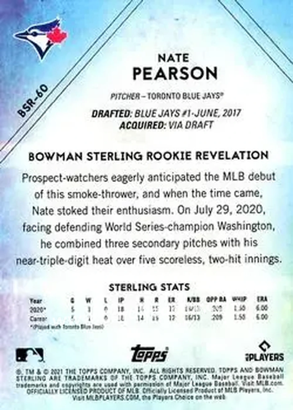 2021 Bowman Sterling #BSR-60 - Nate Pearson - Toronto Blue Jays - Back