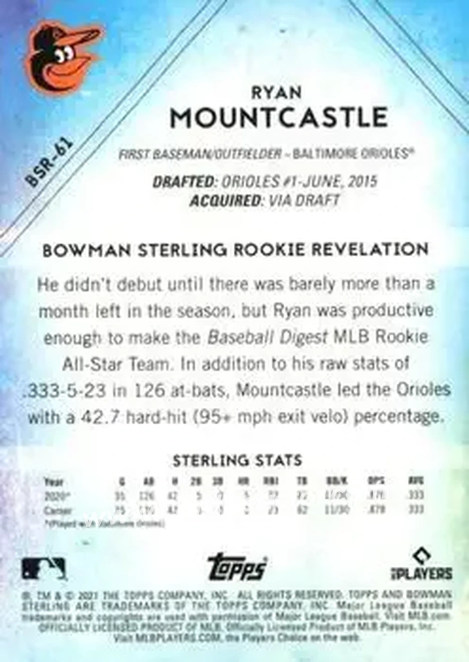 2021 Bowman Sterling #BSR-61 - Ryan Mountcastle - Baltimore Orioles - Back