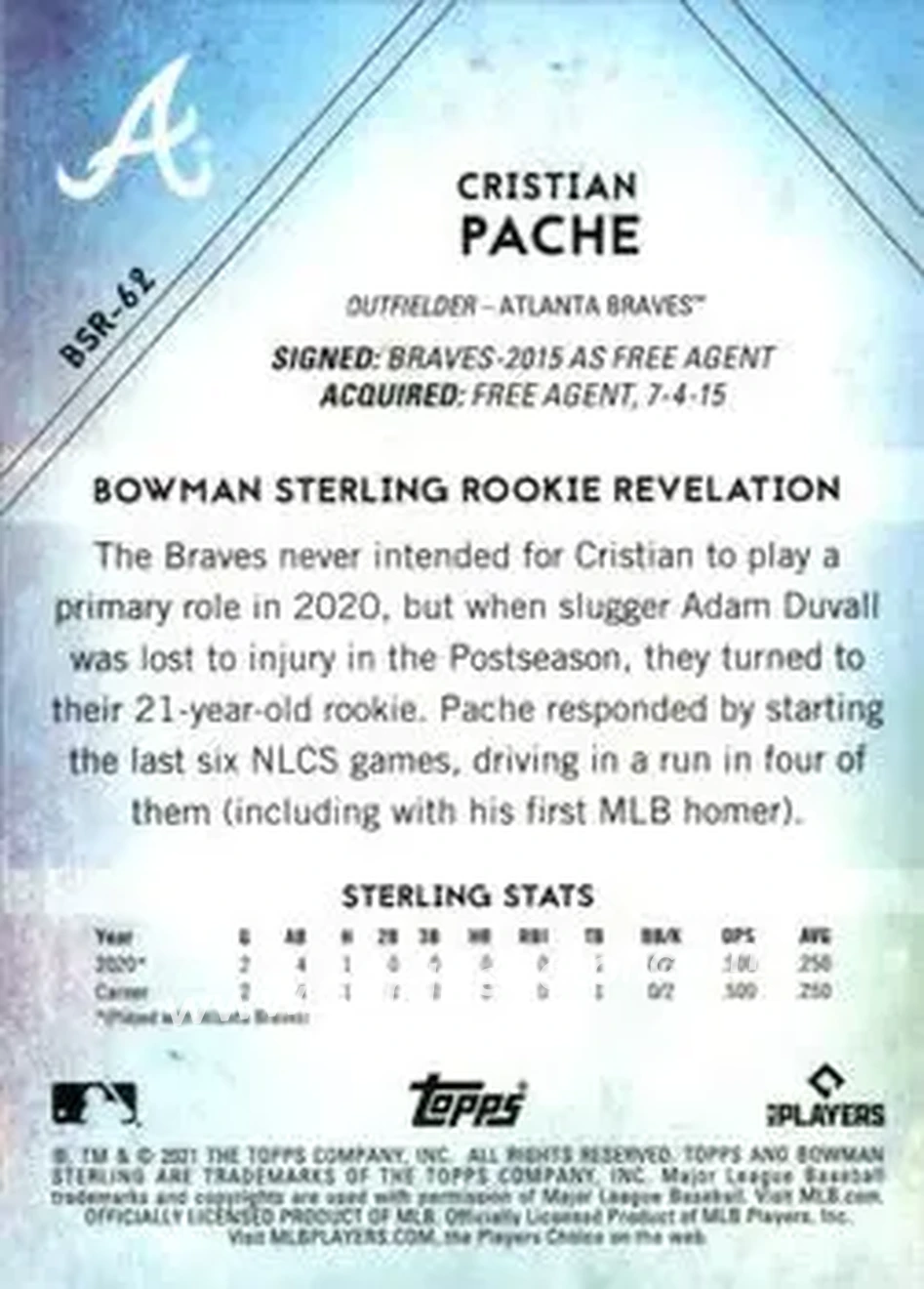 2021 Bowman Sterling #BSR-62 - Cristian Pache - Atlanta Braves - Back