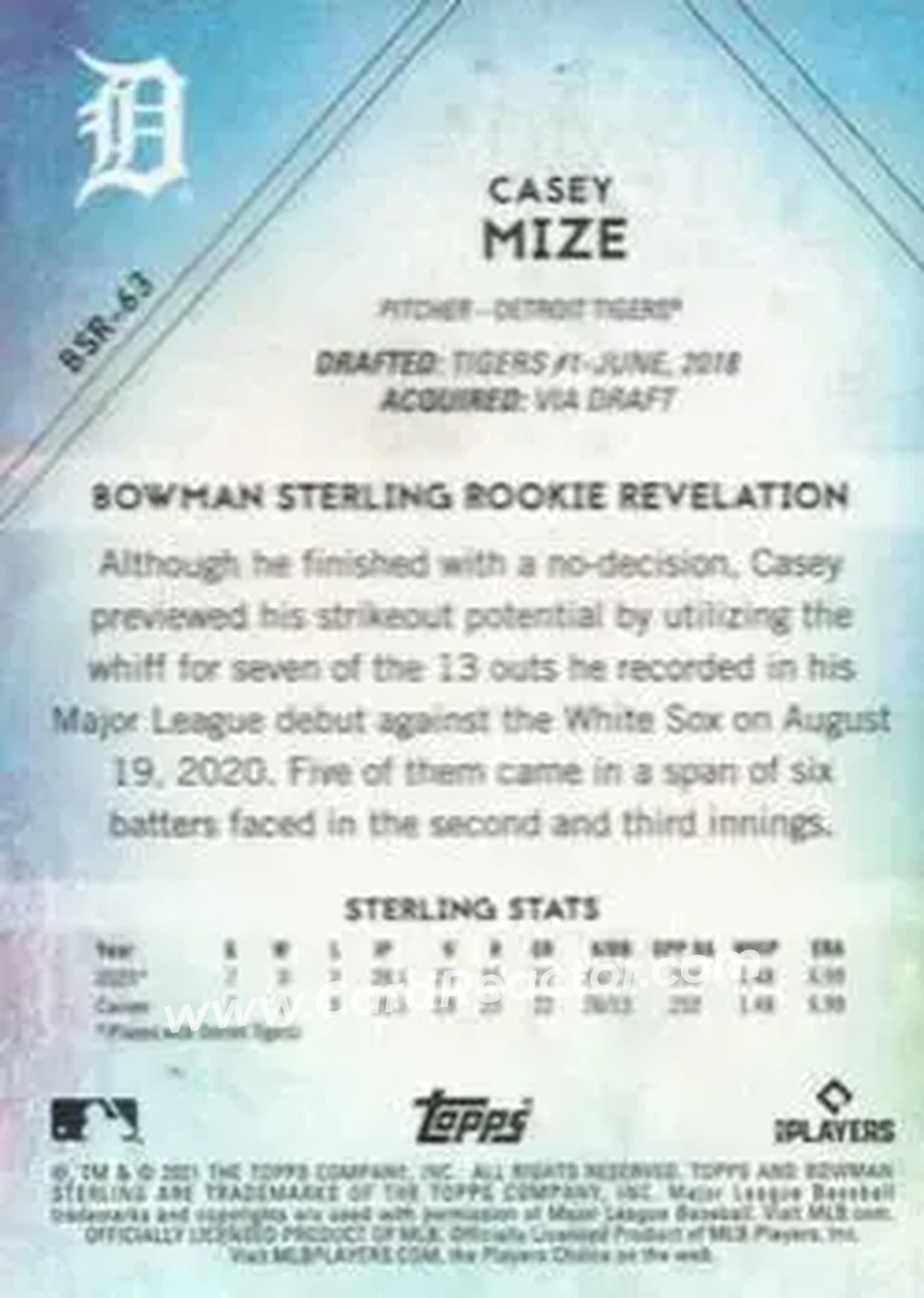 2021 Bowman Sterling #BSR-63 - Casey Mize - Detroit Tigers - Back