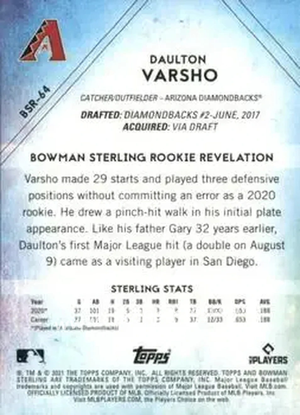 2021 Bowman Sterling #BSR-64 - Daulton Varsho - Arizona Diamondbacks - Back