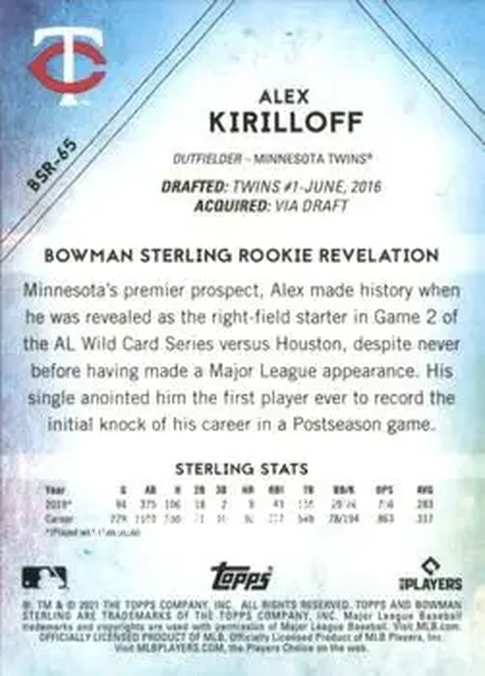 2021 Bowman Sterling #BSR-65 - Alex Kirilloff - Minnesota Twins - Back