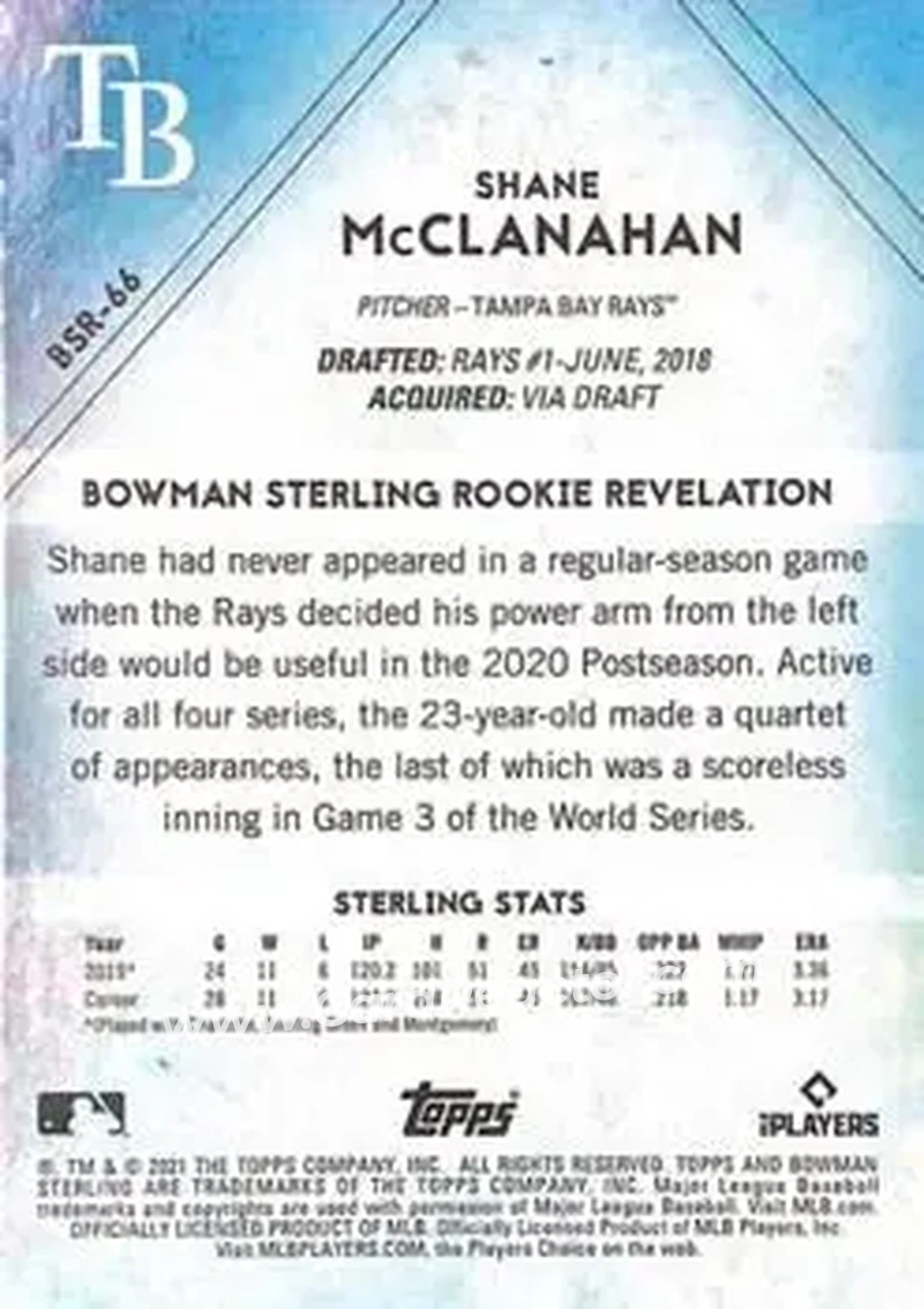 2021 Bowman Sterling #BSR-66 - Shane McClanahan - Tampa Bay Rays - Back
