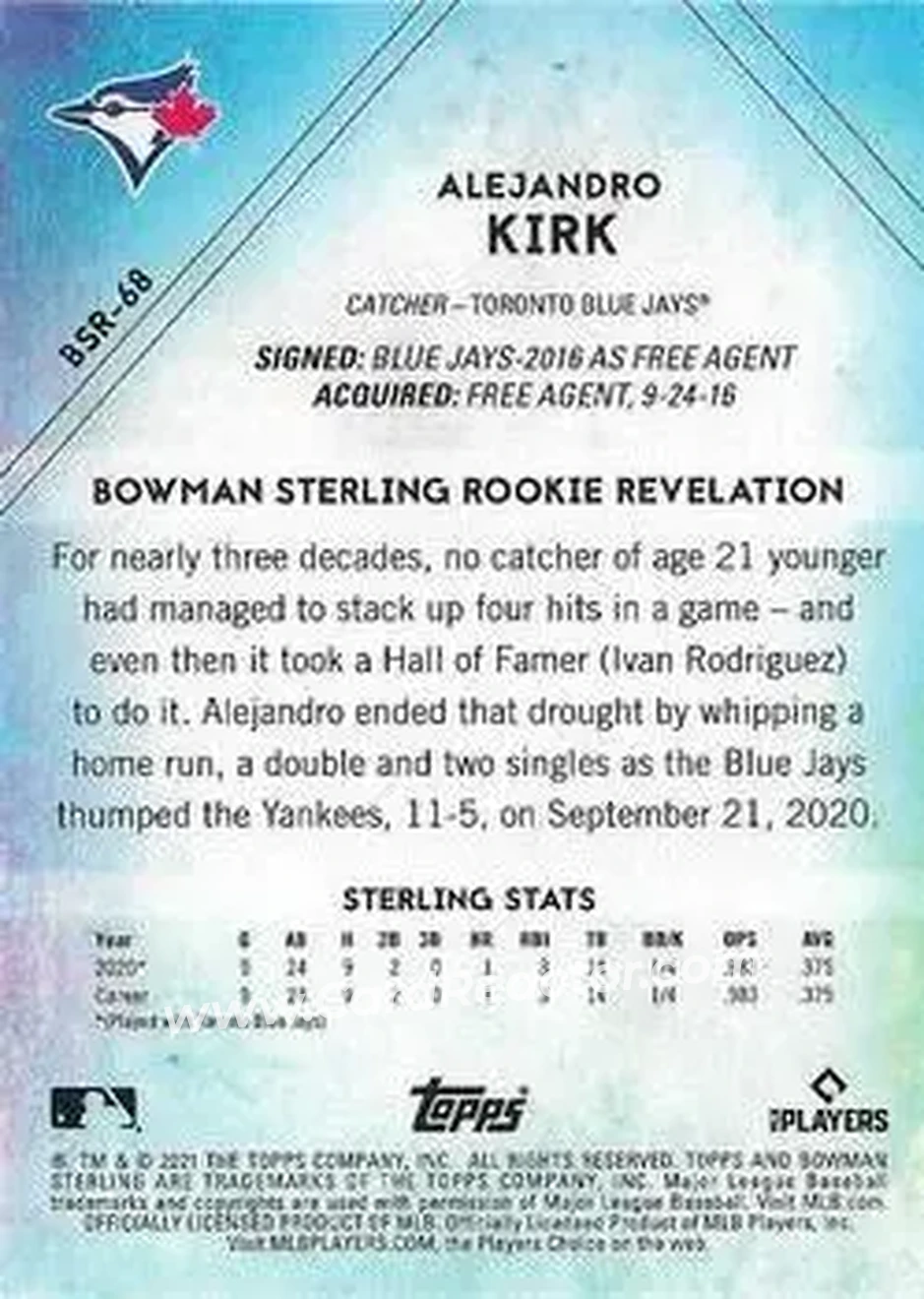 2021 Bowman Sterling #BSR-68 - Alejandro Kirk - Toronto Blue Jays - Back