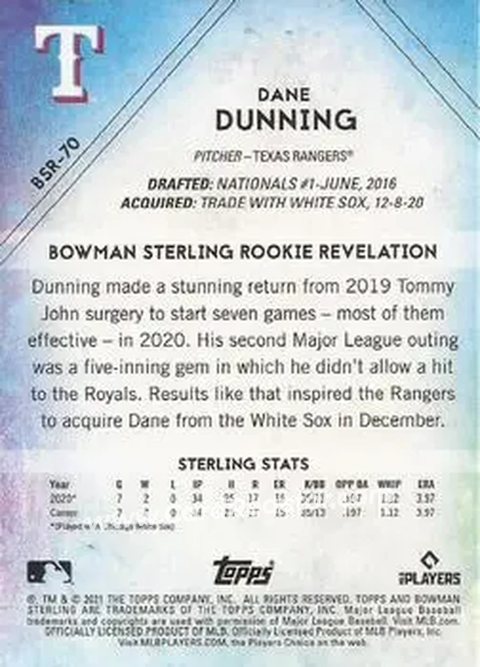2021 Bowman Sterling #BSR-70 - Dane Dunning - Texas Rangers - Back
