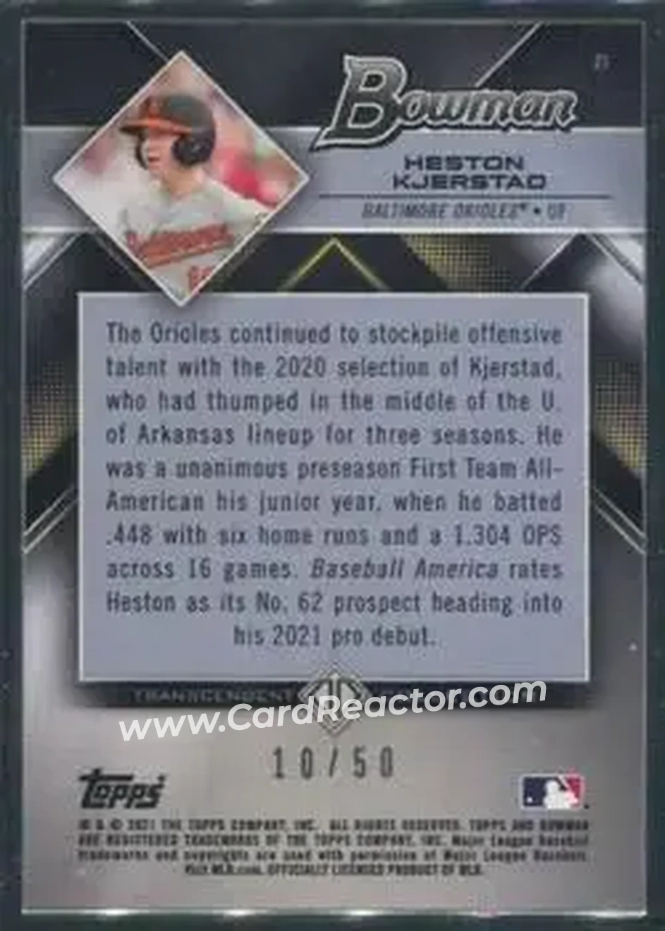 2021 Bowman Transcendent Collection #21 - Heston Kjerstad - Baltimore Orioles - Back
