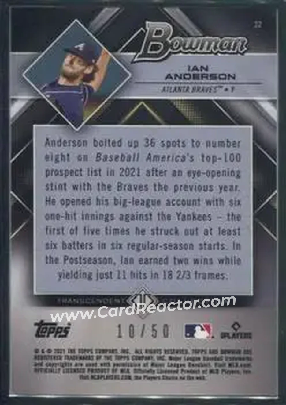 2021 Bowman Transcendent Collection #22 - Ian Anderson - Atlanta Braves - Back