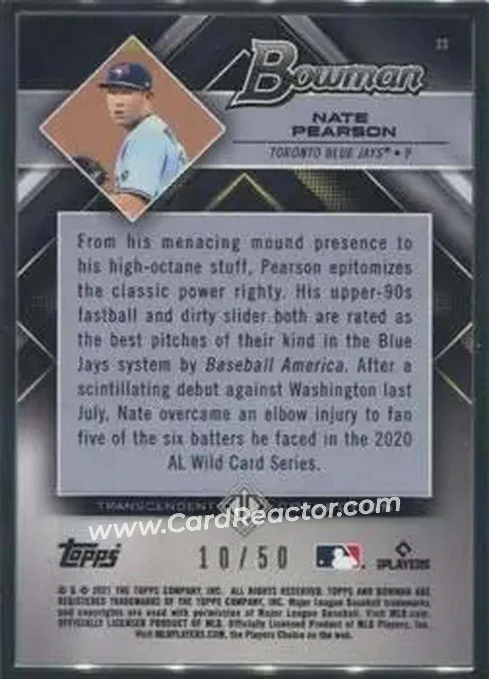 2021 Bowman Transcendent Collection #23 - Nate Pearson - Toronto Blue Jays - Back