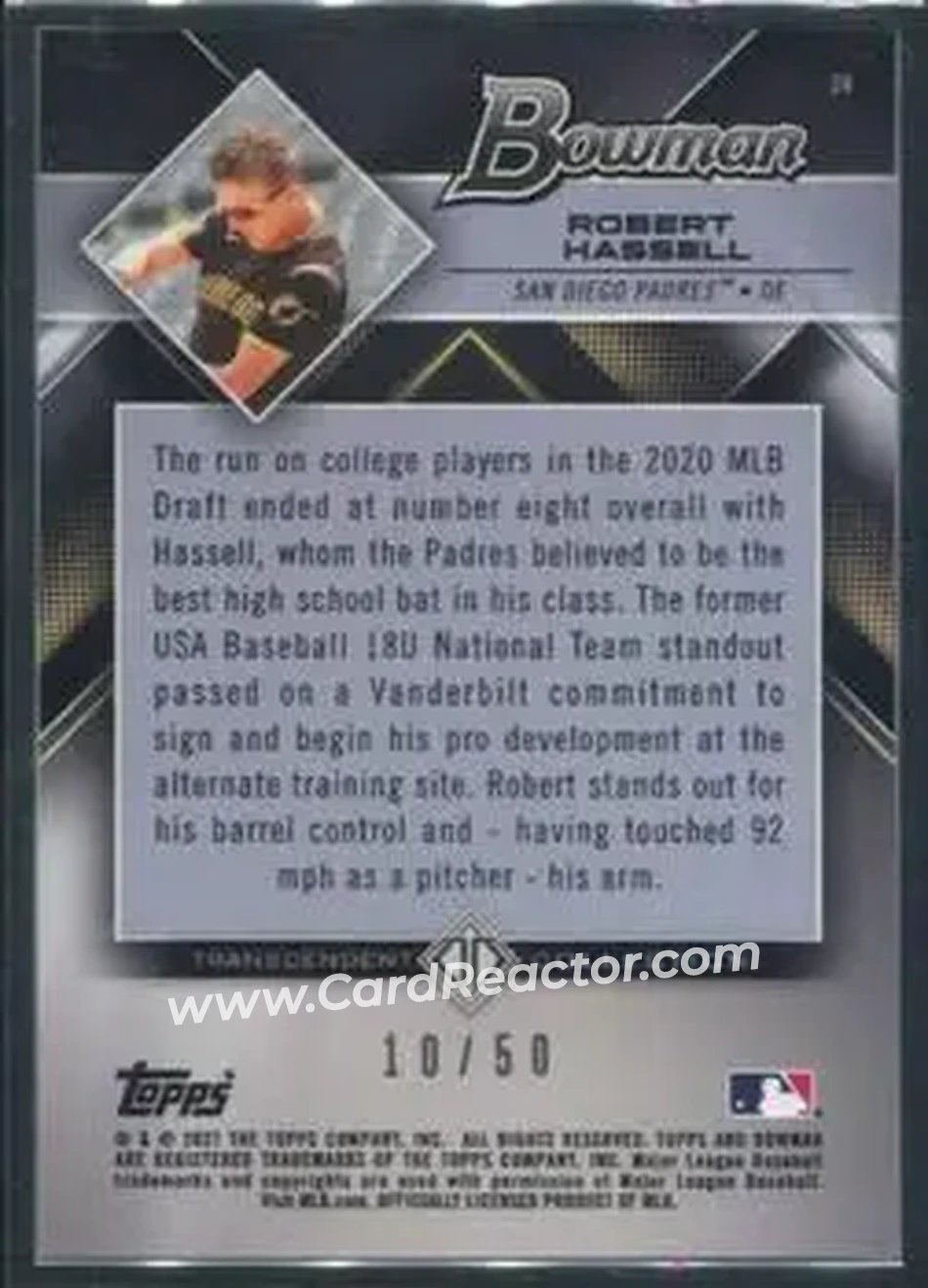 2021 Bowman Transcendent Collection #24 - Robert Hassell III - San Diego Padres - Back 2021 Bowman Transcendent Collection #24 - Robert Hassell III - San Diego Padres - Back
