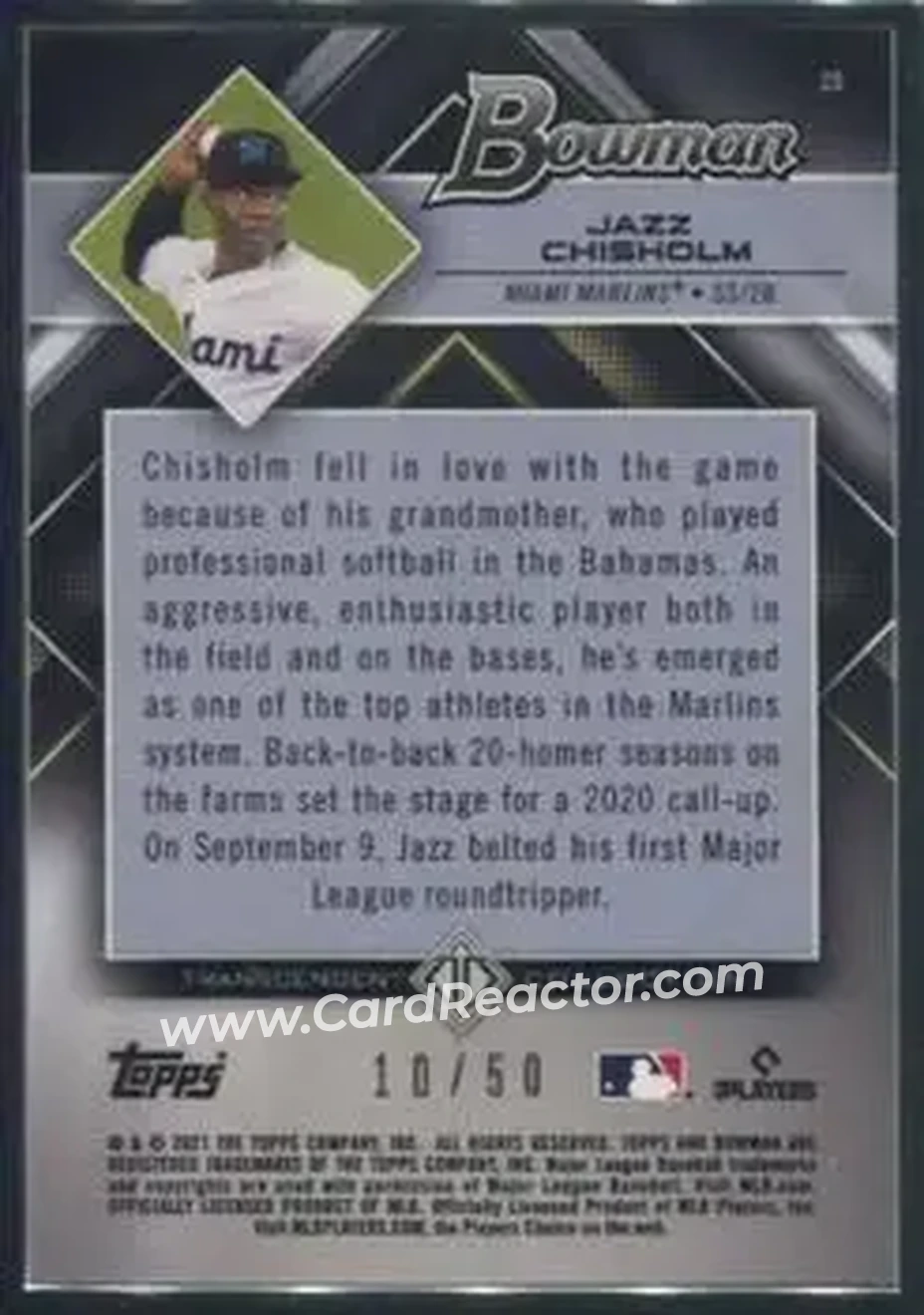 2021 Bowman Transcendent Collection #25 - Jazz Chisholm Jr. - Miami Marlins - Back 2021 Bowman Transcendent Collection #25 - Jazz Chisholm Jr. - Miami Marlins - Back
