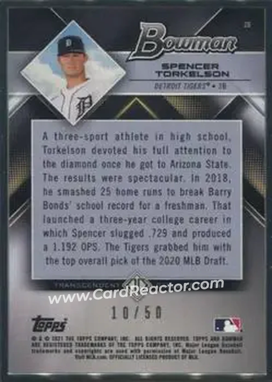 2021 Bowman Transcendent Collection #26 - Spencer Torkelson - Detroit Tigers - Back