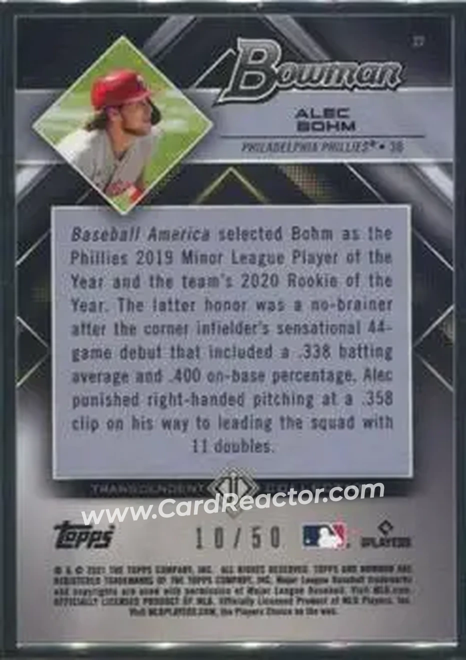2021 Bowman Transcendent Collection #27 - Alec Bohm - Philadelphia Phillies - Back 2021 Bowman Transcendent Collection #27 - Alec Bohm - Philadelphia Phillies - Back