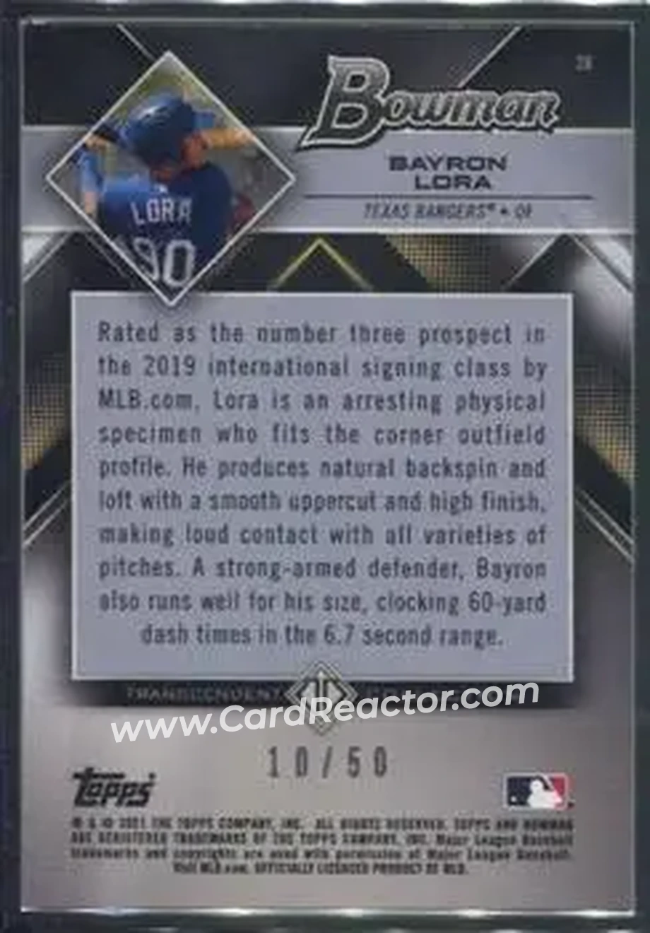 2021 Bowman Transcendent Collection #28 - Bayron Lora - Texas Rangers - Back