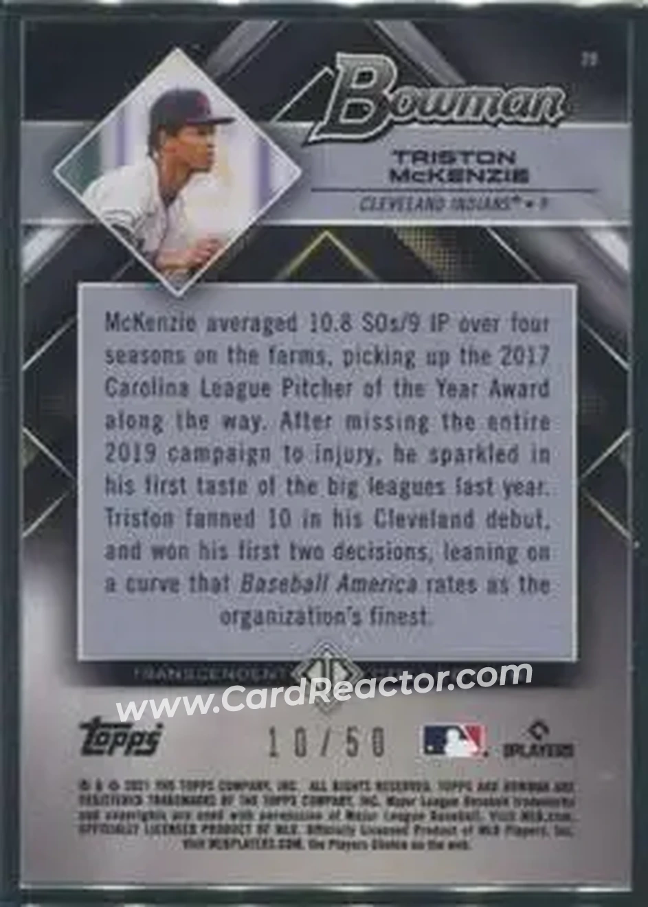 2021 Bowman Transcendent Collection #29 - Triston McKenzie - Cleveland Indians - Back