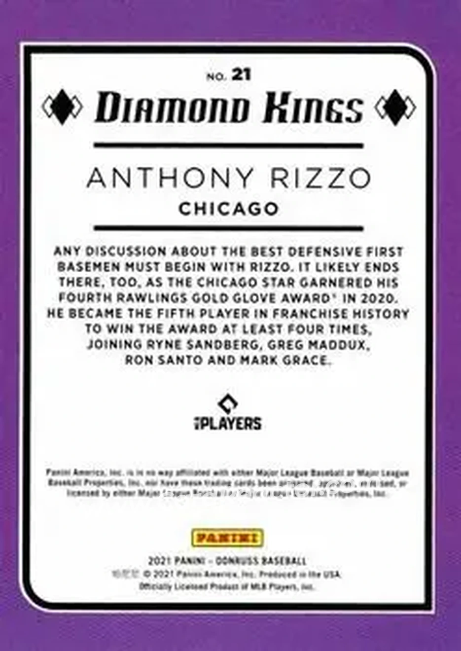 2021 Donruss #21 - Anthony Rizzo - Chicago Cubs - Back