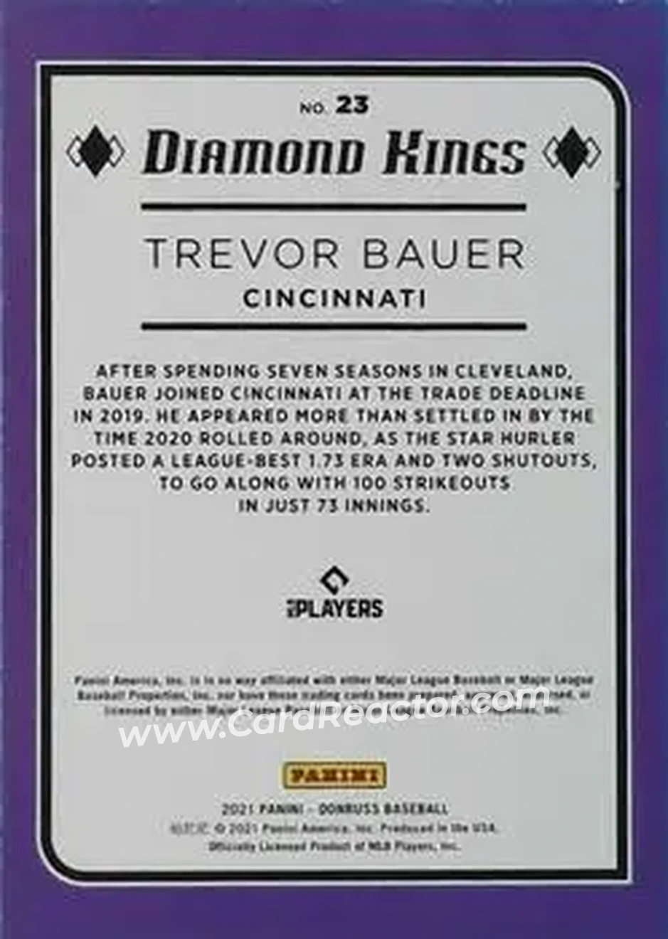 2021 Donruss #23 - Trevor Bauer - Cincinnati Reds - Back