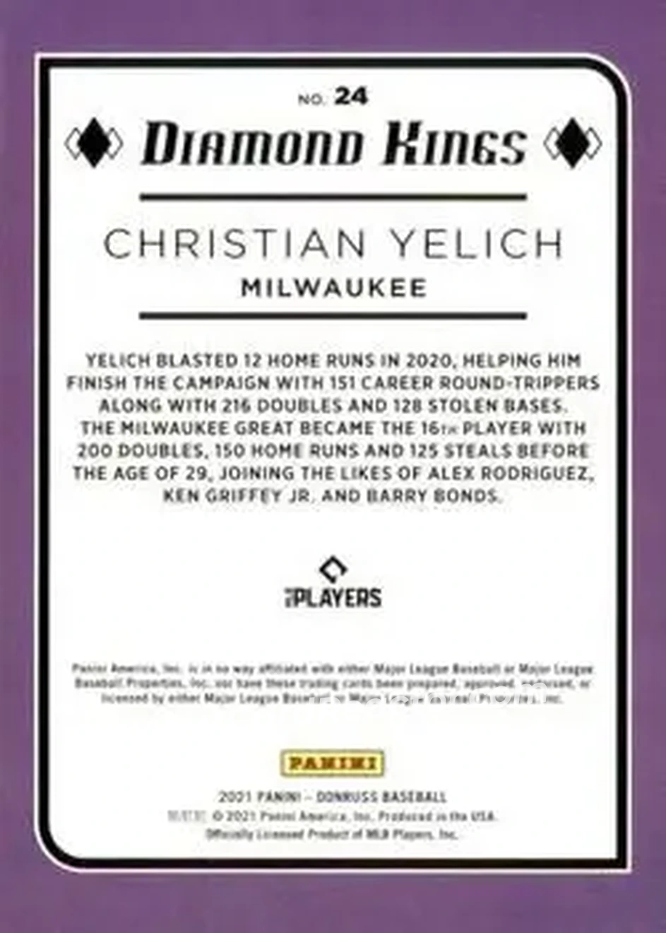 2021 Donruss #24 - Christian Yelich - Milwaukee Brewers - Back