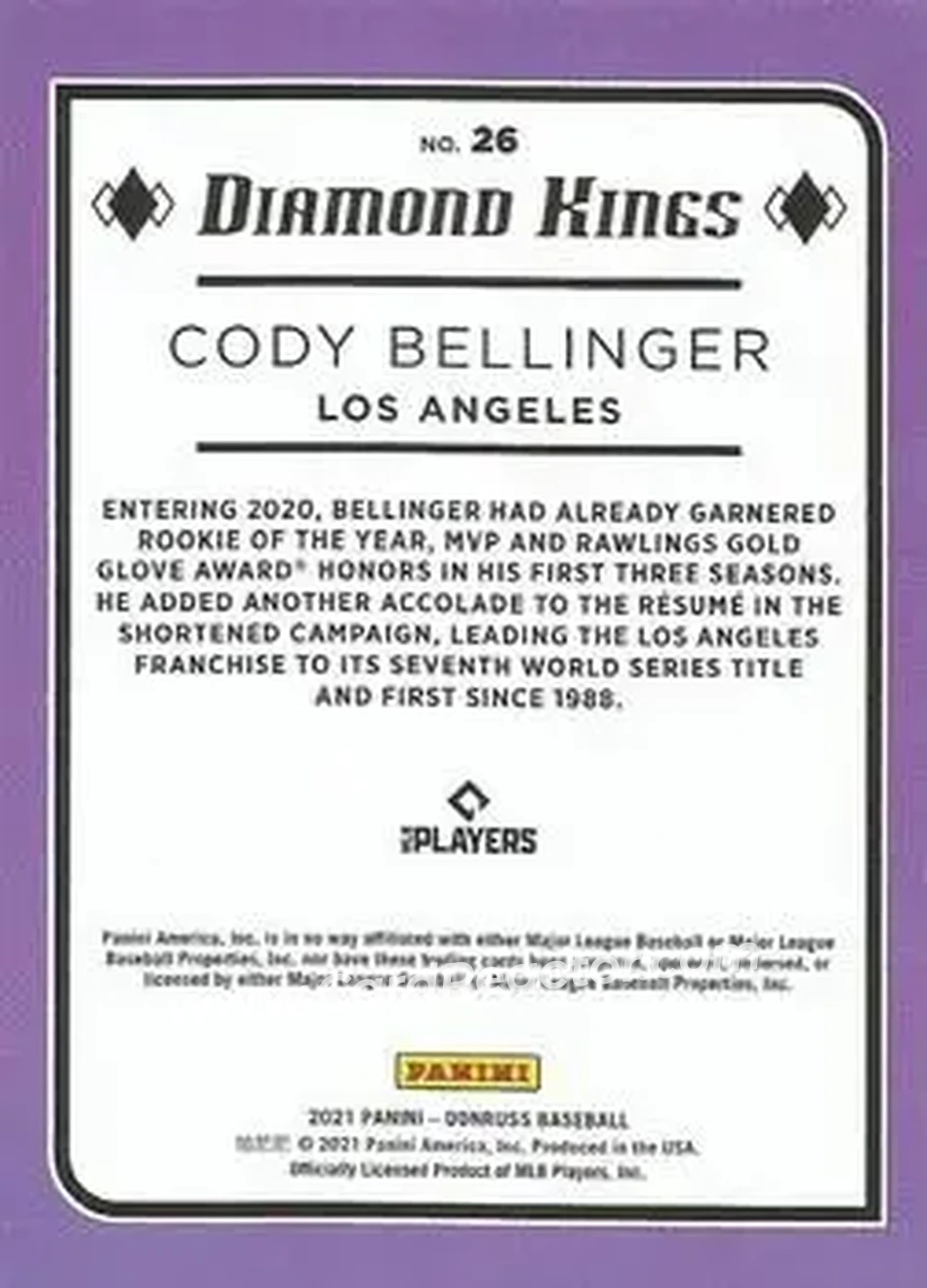 2021 Donruss #26 - Cody Bellinger - Los Angeles Dodgers - Back
