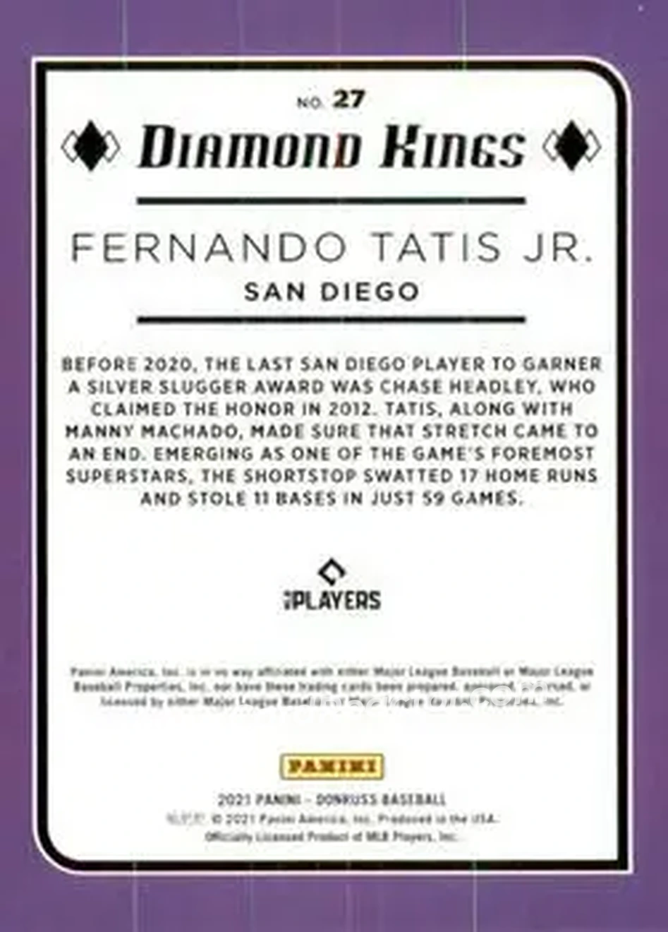 2021 Donruss #27 - Fernando Tatis Jr. - San Diego Padres - Back