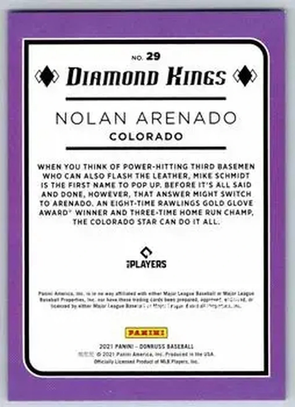 2021 Donruss #29 - Nolan Arenado - Colorado Rockies - Back