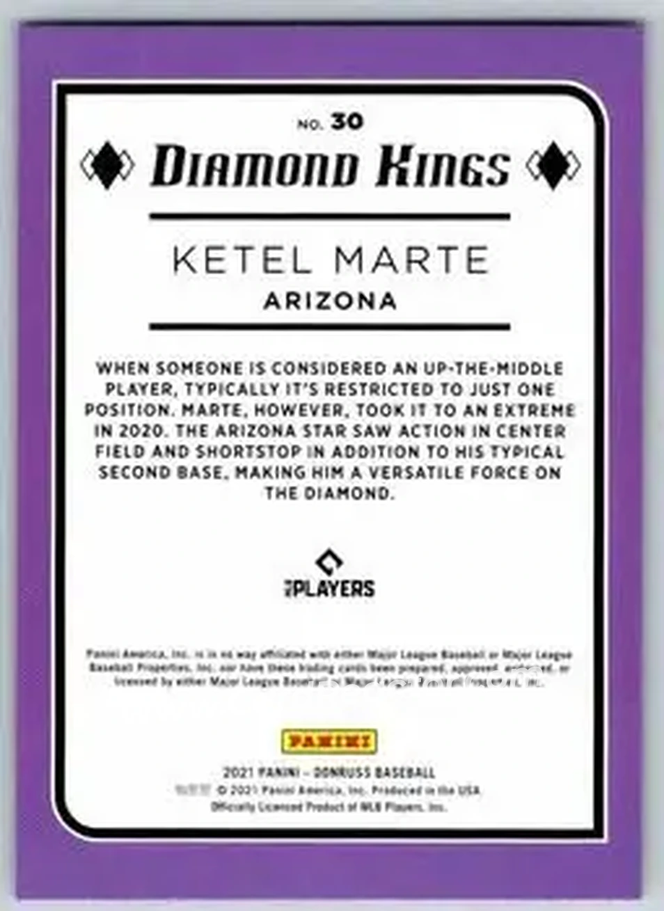 2021 Donruss #30 - Ketel Marte - Arizona Diamondbacks - Back
