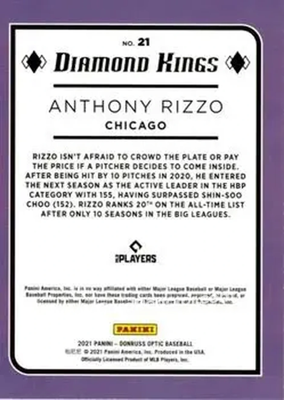 2021 Donruss Optic #21 - Anthony Rizzo - Chicago Cubs - Back