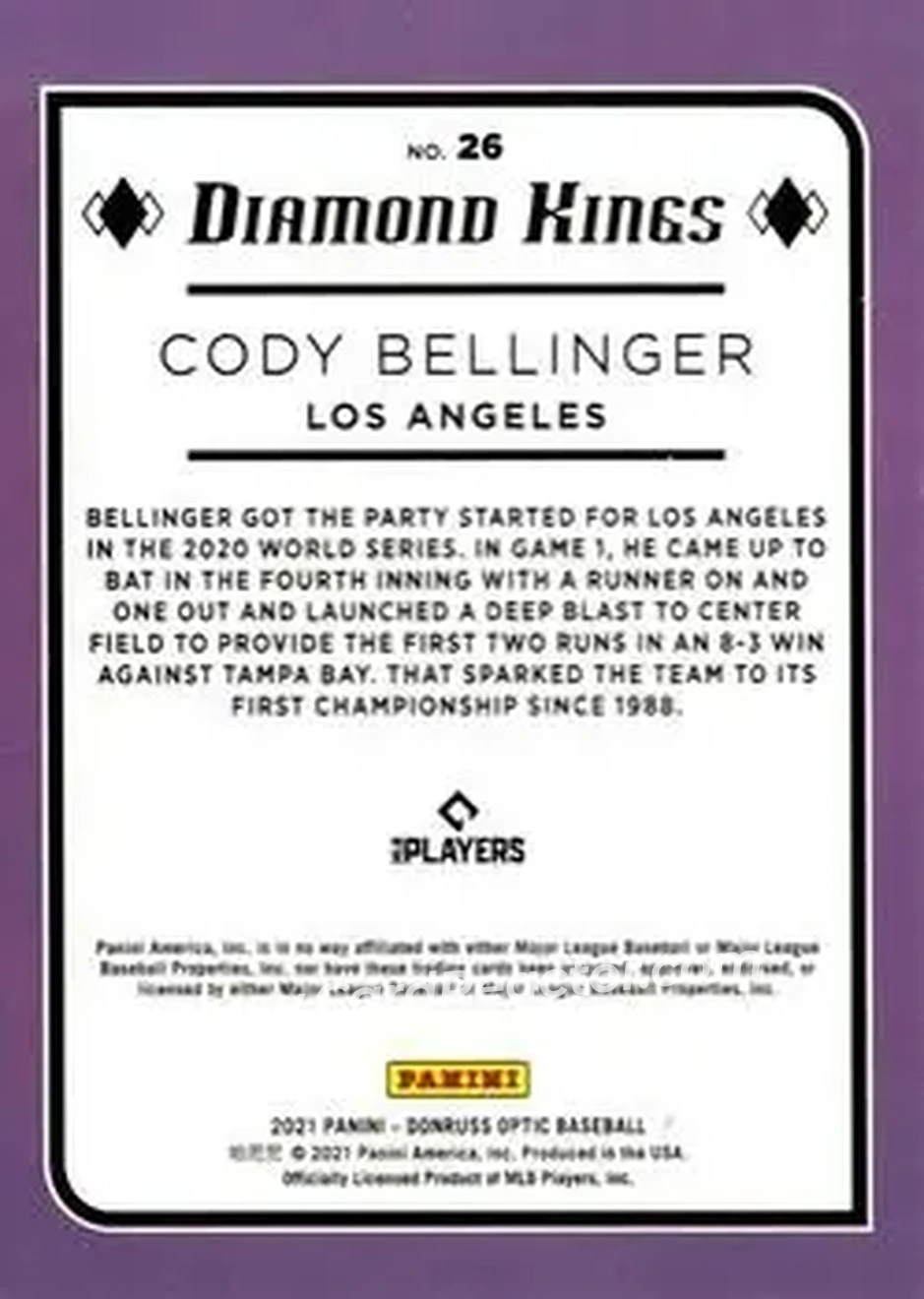 2021 Donruss Optic #26 - Cody Bellinger - Los Angeles Dodgers - Back