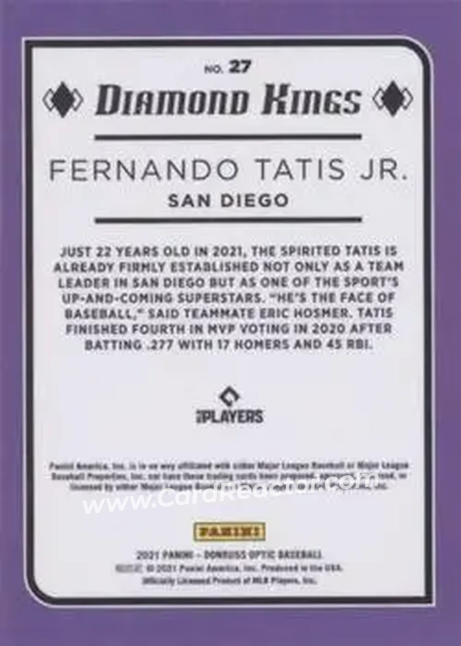 2021 Donruss Optic #27 - Fernando Tatis Jr. - San Diego Padres - Back