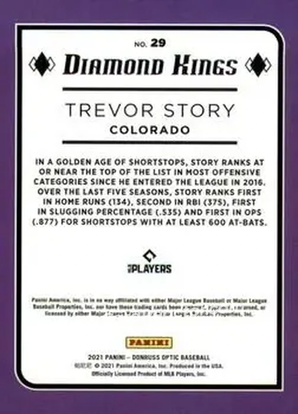 2021 Donruss Optic #29 - Trevor Story - Colorado Rockies - Back