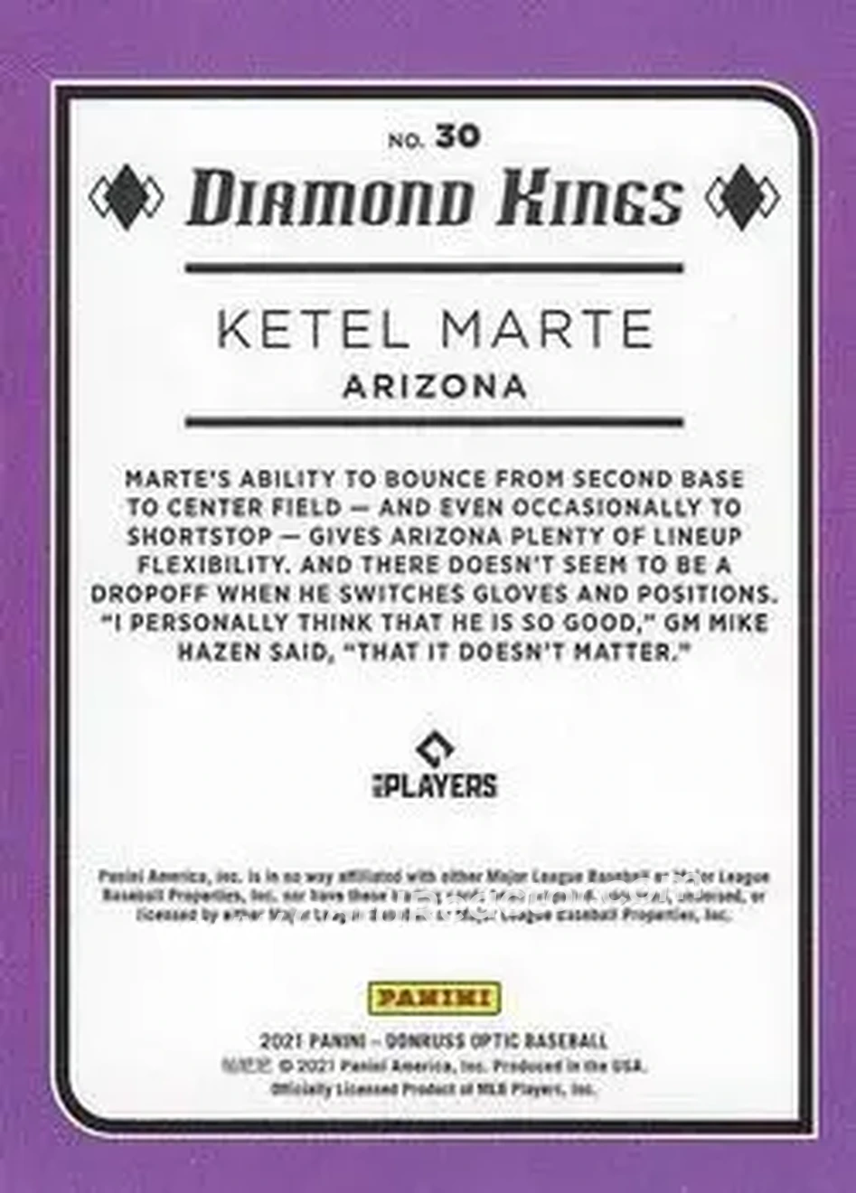 2021 Donruss Optic #30 - Ketel Marte - Arizona Diamondbacks - Back