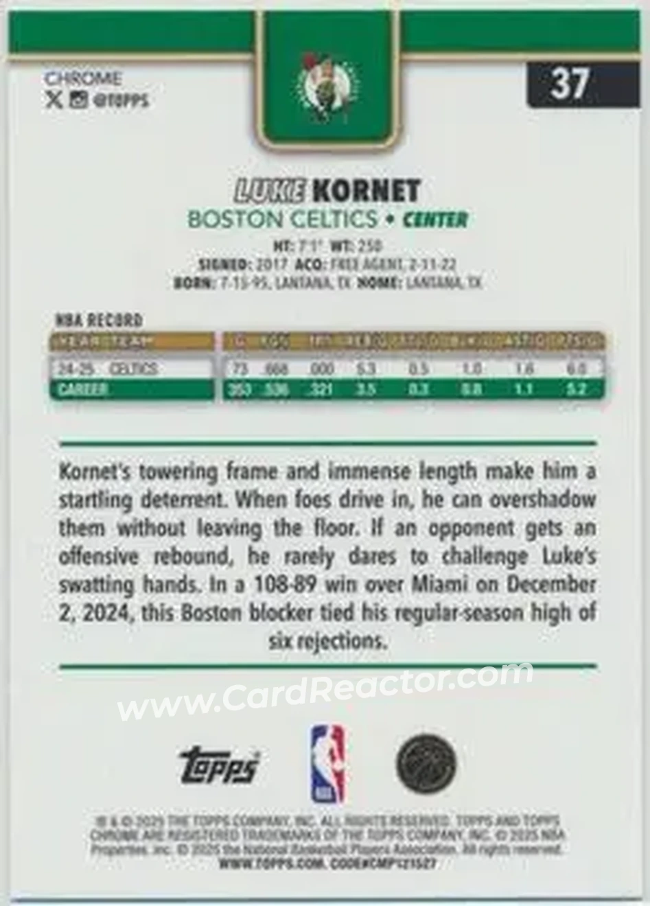 2025-26 Topps Chrome Sapphire Edition #37 - Luke Kornet - Boston Celtics - Back 2025-26 Topps Chrome Sapphire Edition #37 - Luke Kornet - Boston Celtics - Back