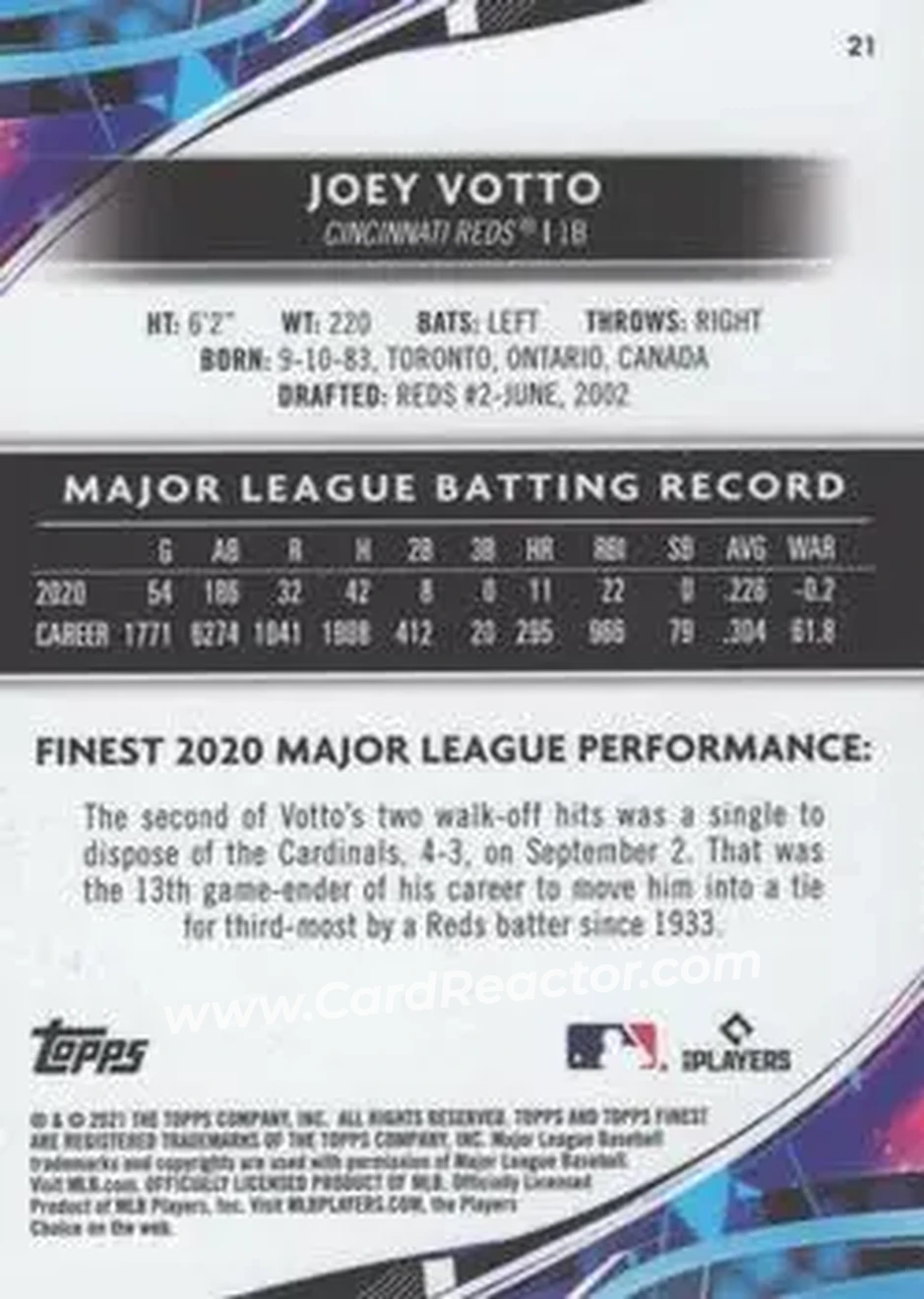 2021 Finest #21 - Joey Votto - Cincinnati Reds - Back
