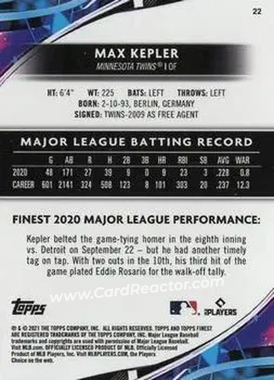 2021 Finest #22 - Max Kepler - Minnesota Twins - Back