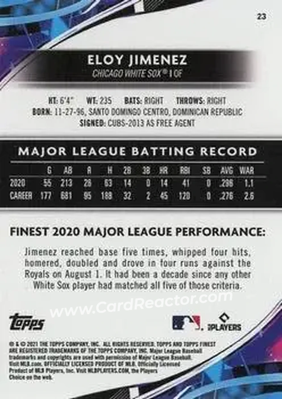 2021 Finest #23 - Eloy Jiménez - Chicago White Sox - Back