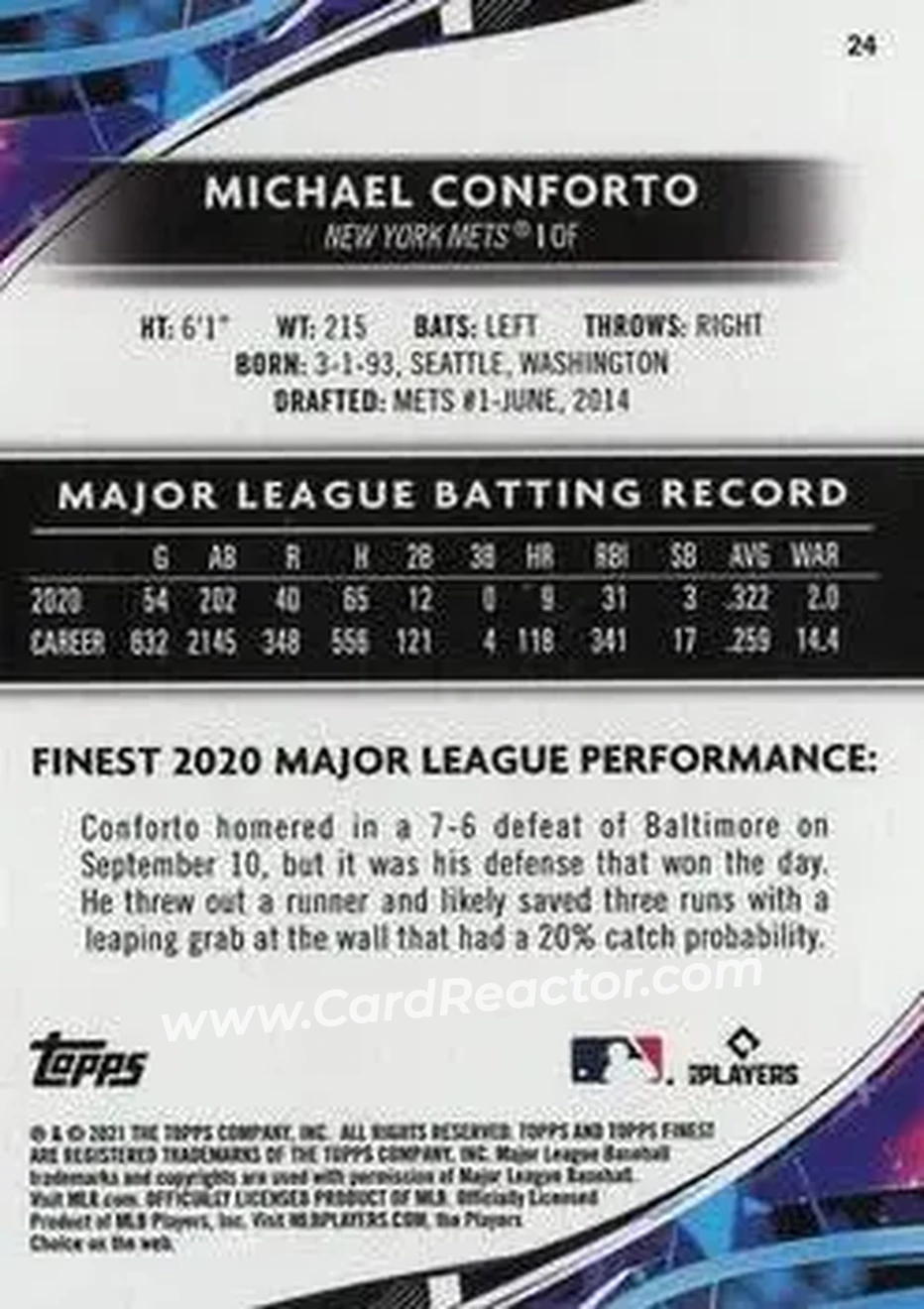 2021 Finest #24 - Michael Conforto - New York Mets - Back