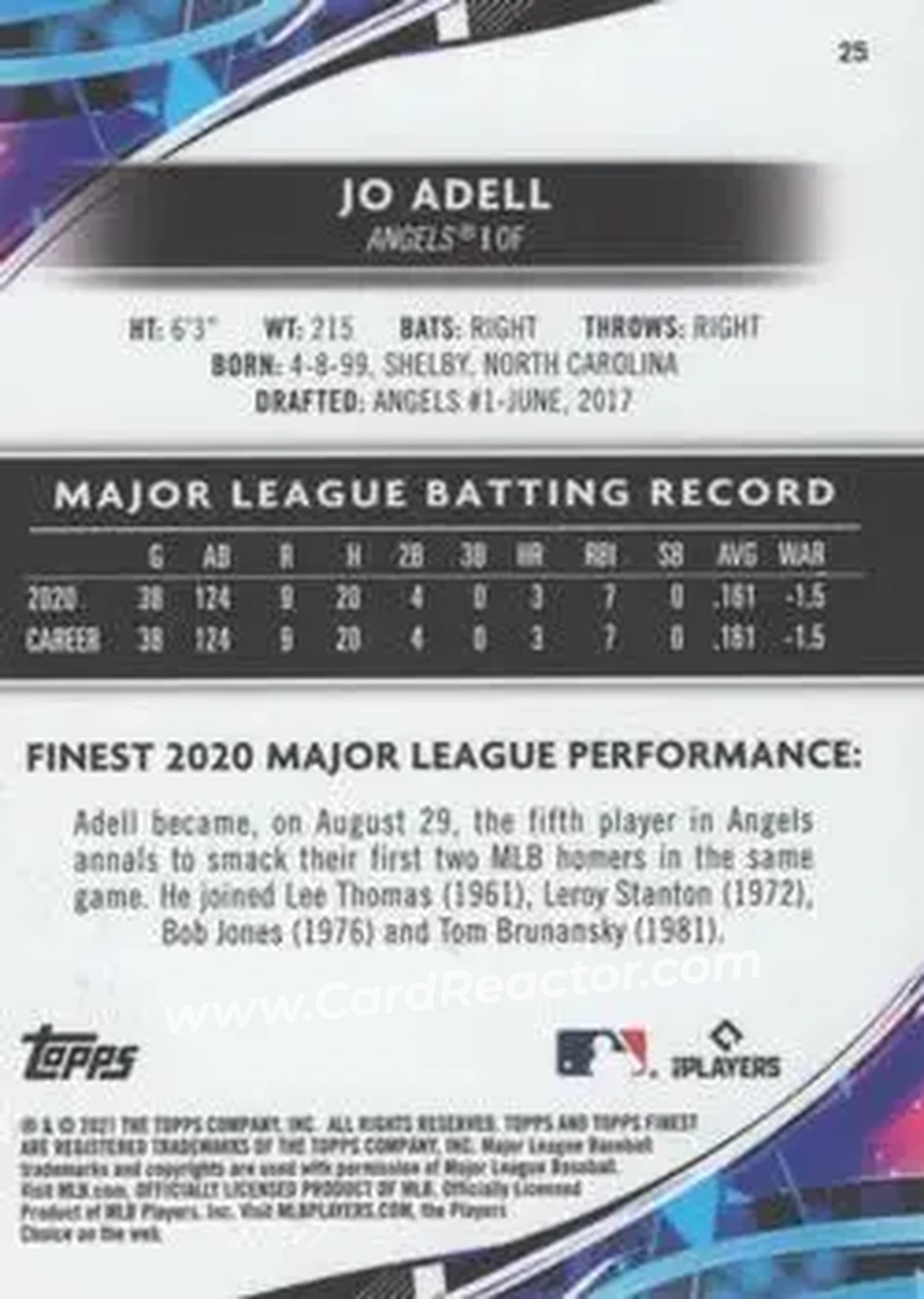 2021 Finest #25 - Jordon Adell - Los Angeles Angels - Back