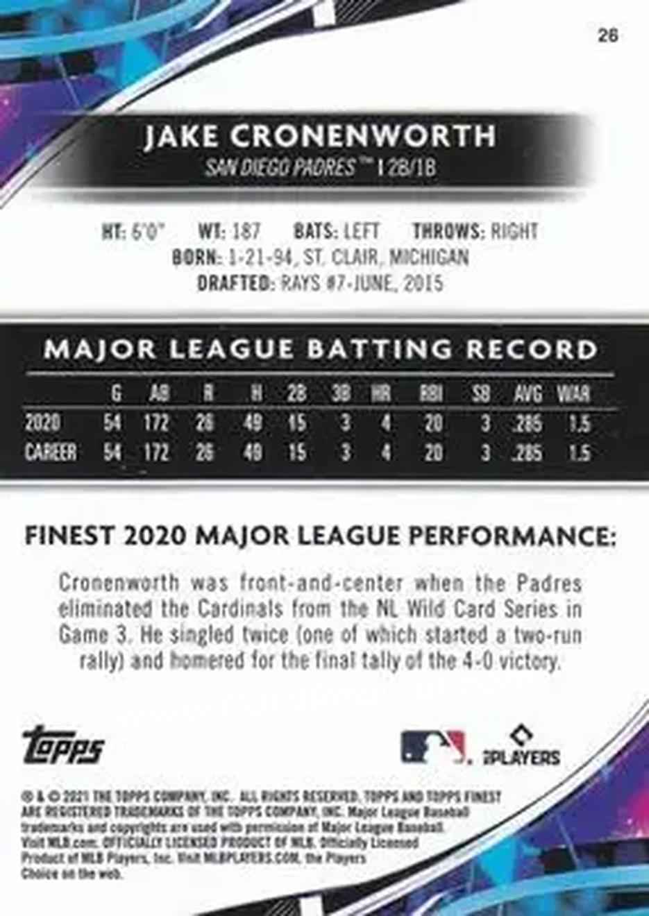 2021 Finest #26 - Jake Cronenworth - San Diego Padres - Back