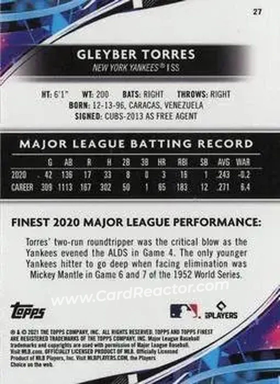 2021 Finest #27 - Gleyber Torres - New York Yankees - Back