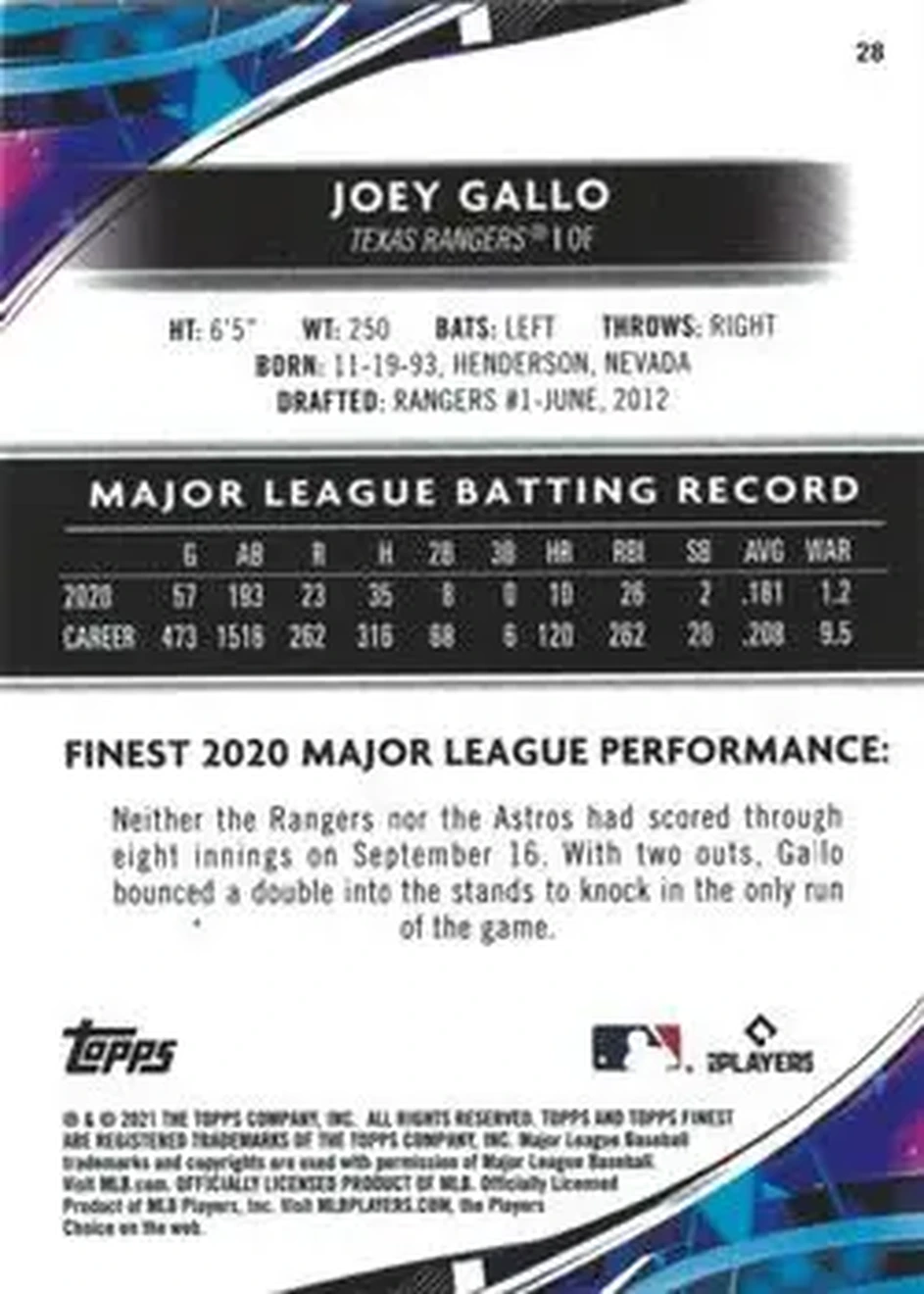 2021 Finest #28 - Joey Gallo - Texas Rangers - Back
