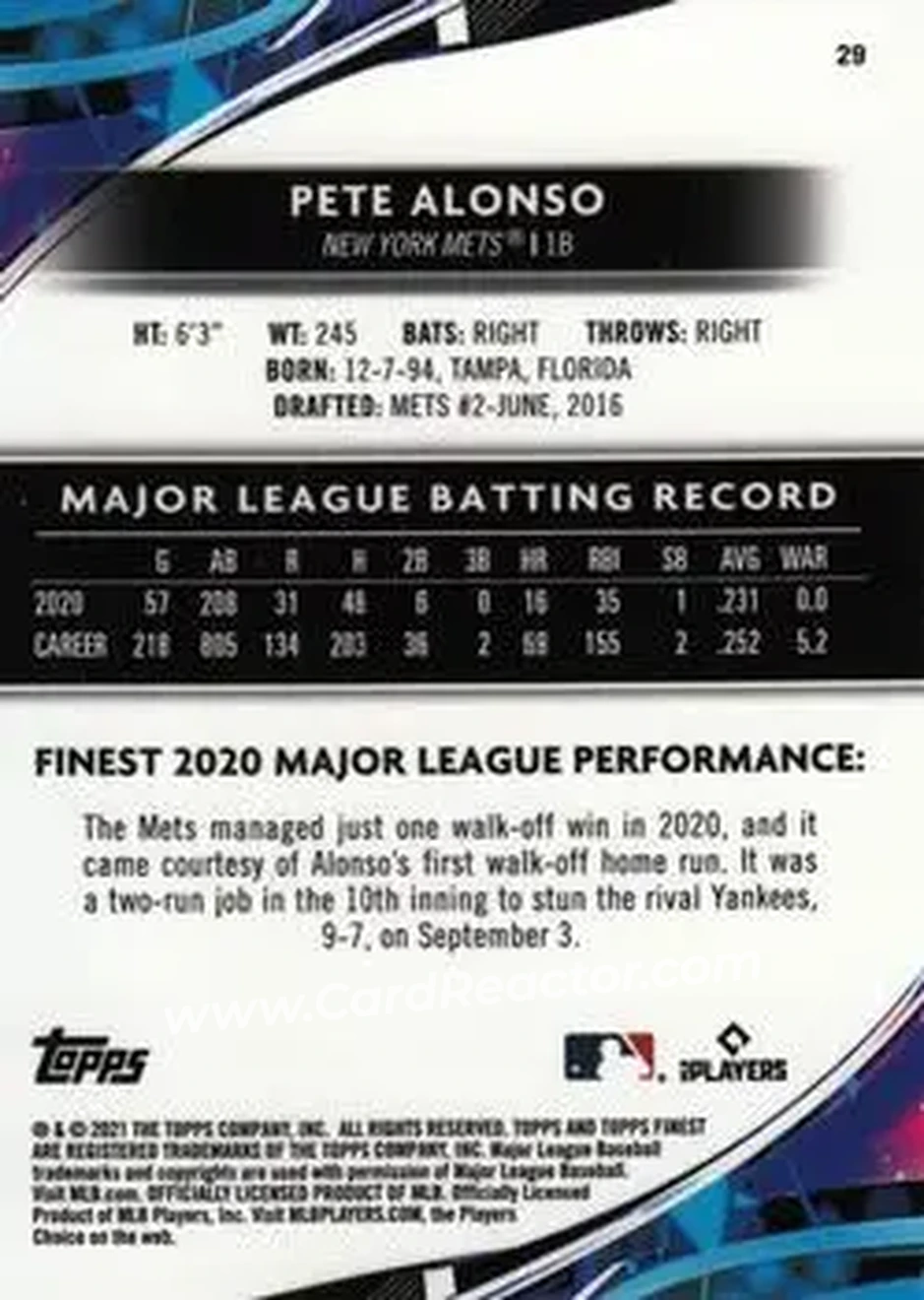2021 Finest #29 - Pete Alonso - New York Mets - Back 2021 Finest #29 - Pete Alonso - New York Mets - Back