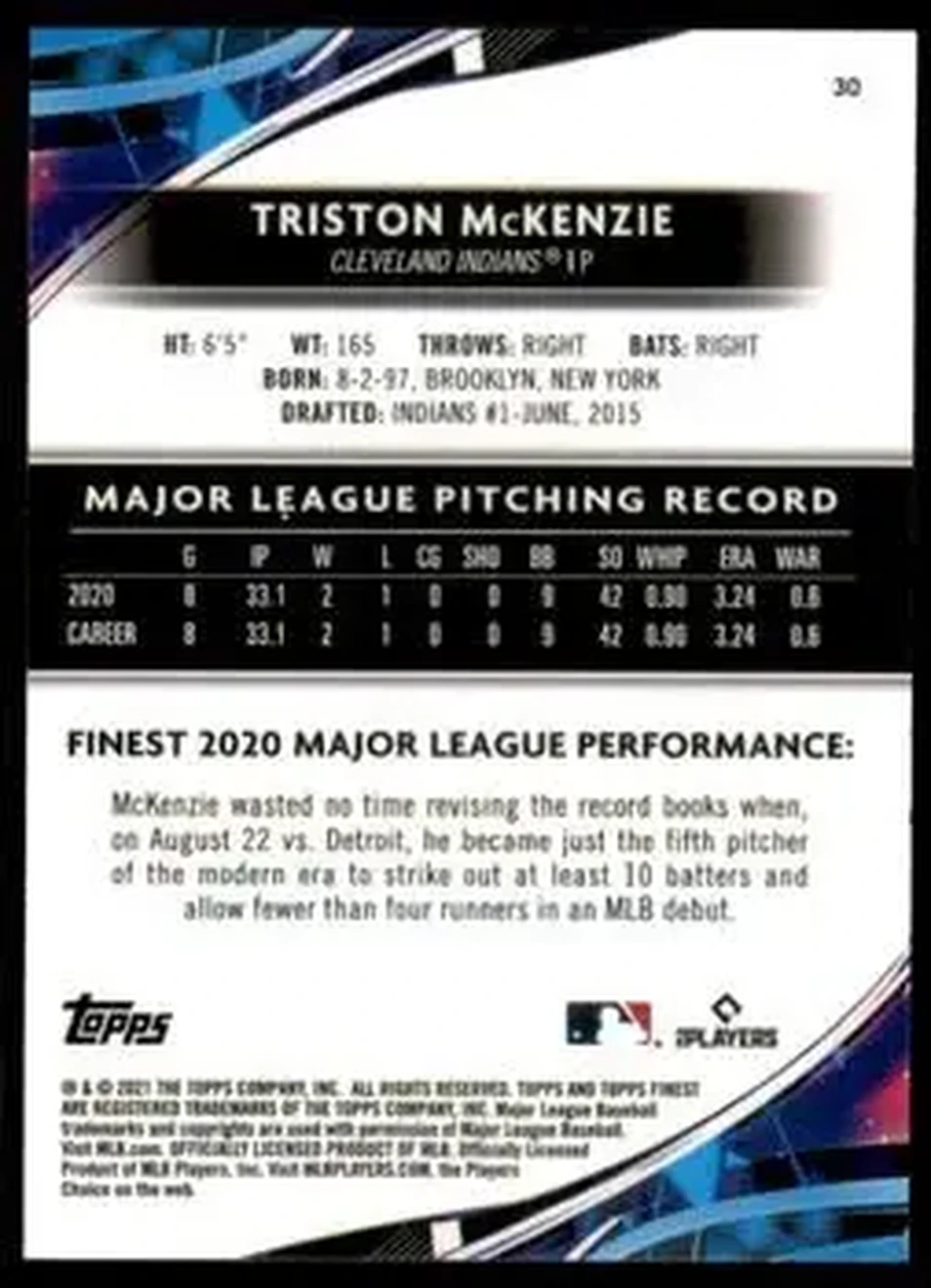 2021 Finest #30 - Triston McKenzie - Cleveland Indians - Back