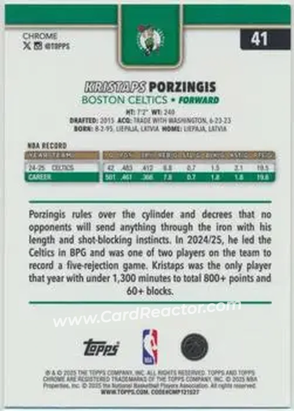 2025-26 Topps Chrome Sapphire Edition #41 - Kristaps Porziņģis - Boston Celtics - Back
