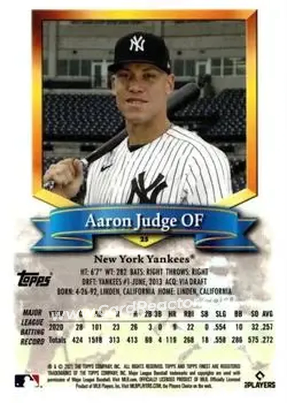 2021 Finest Flashbacks #25 - Aaron Judge - New York Yankees - Back