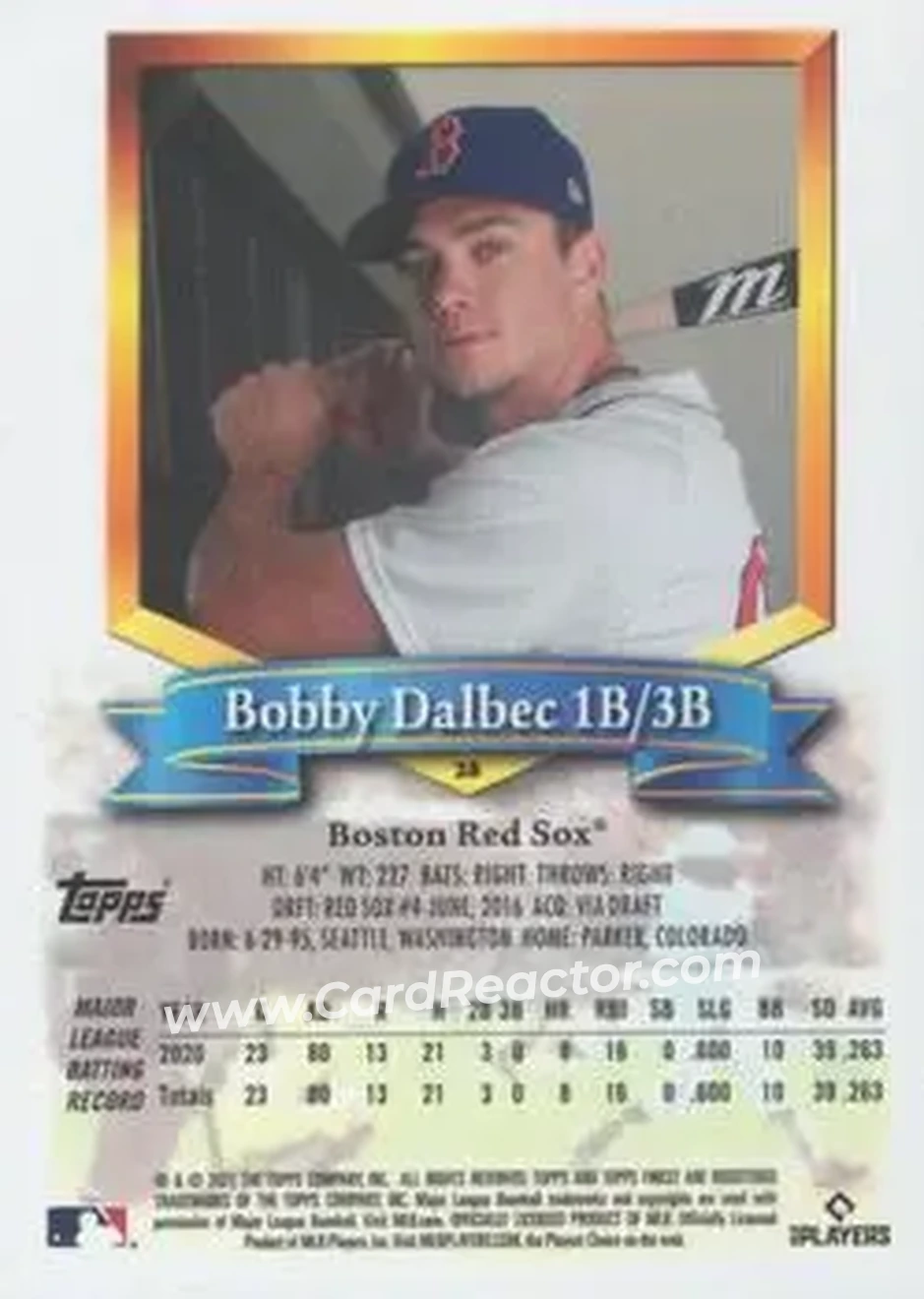 2021 Finest Flashbacks #28 - Bobby Dalbec - Boston Red Sox - Back