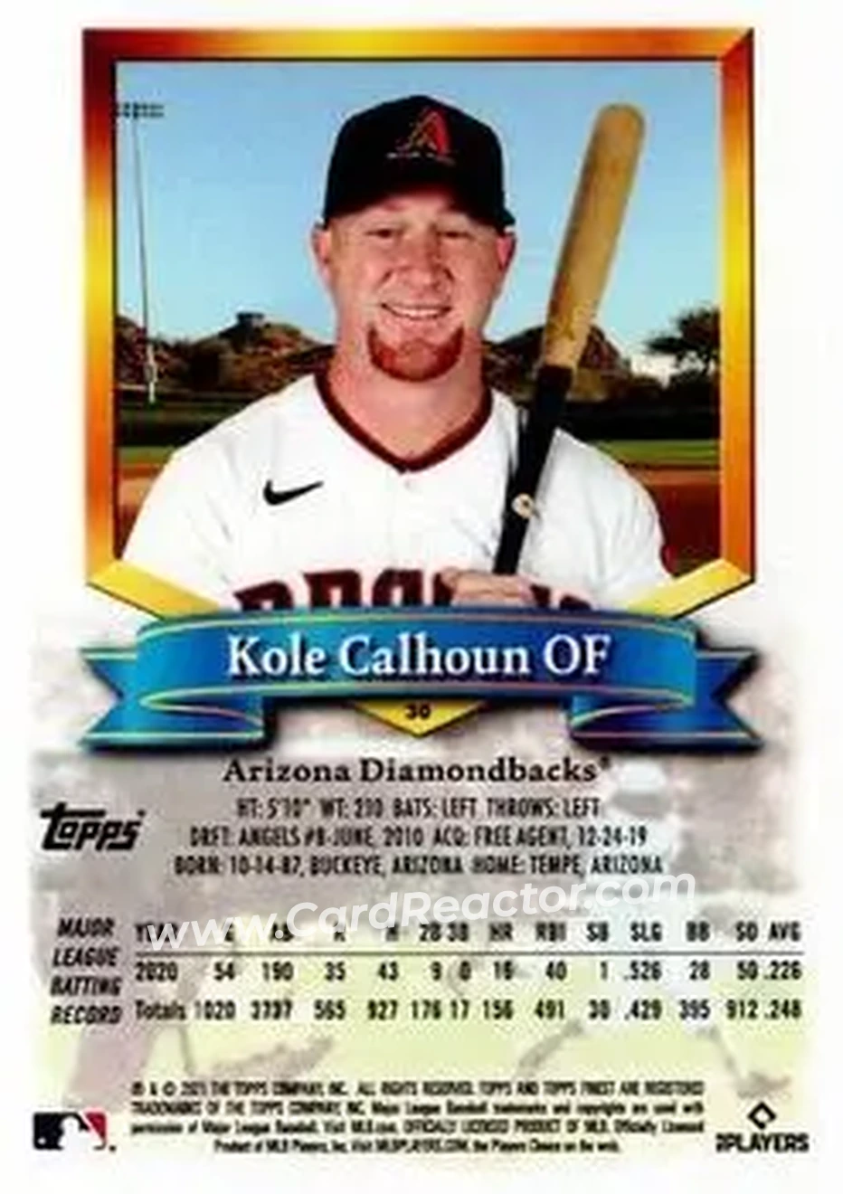 2021 Finest Flashbacks #30 - Kole Calhoun - Arizona Diamondbacks - Back