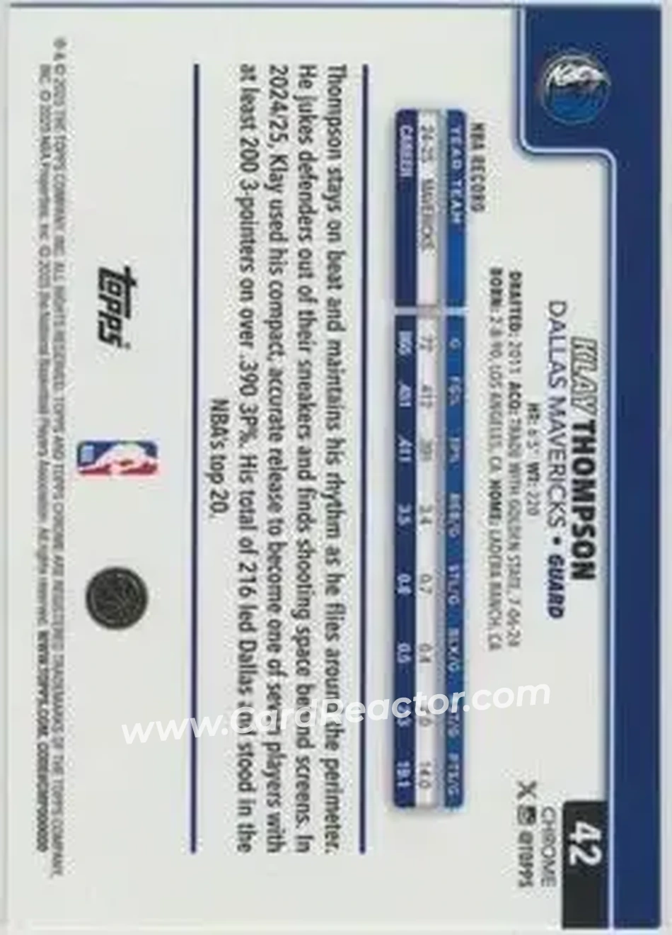 2025-26 Topps Chrome Sapphire Edition #42 - Klay Thompson - Dallas Mavericks - Back
